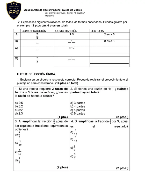 Prueba Razones 6° Básico