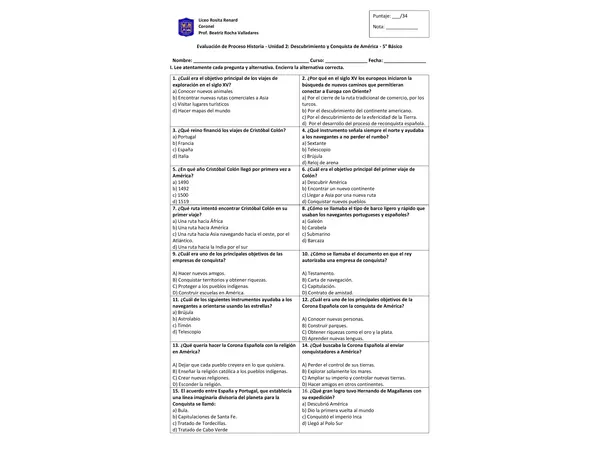 Evaluación de Proceso Unidad 2 quinto Historia