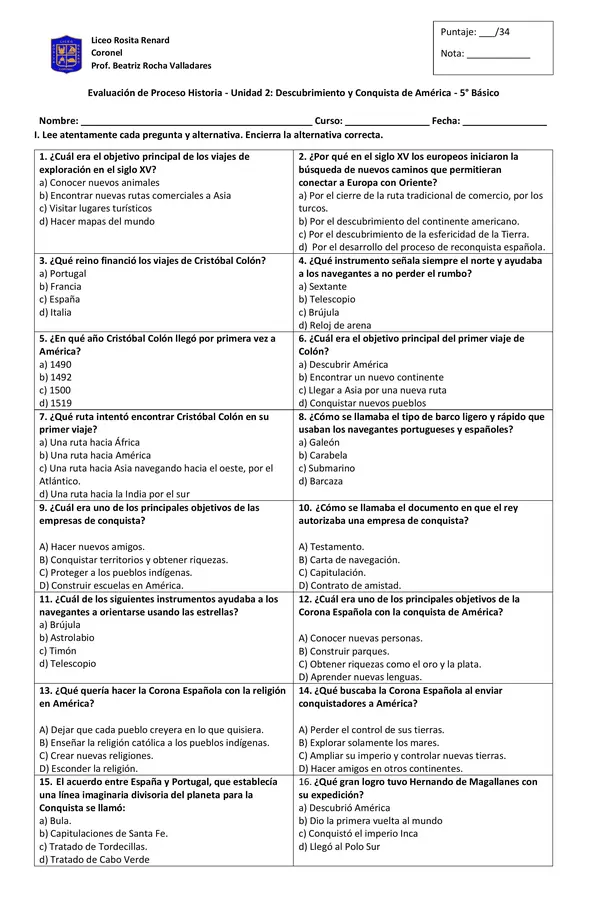 Evaluación de Proceso Unidad 2 quinto Historia