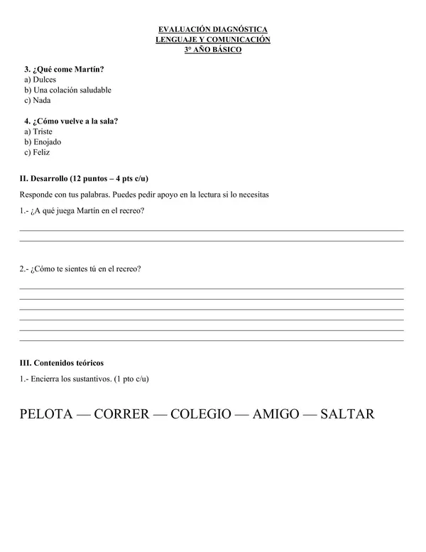 Prueba diagnóstica de Lenguaje 3° básico