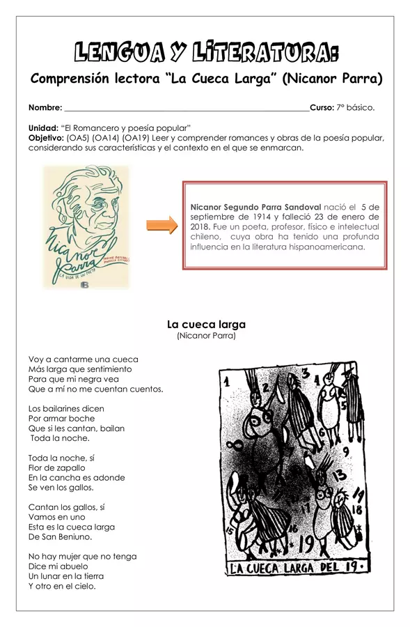 Guía de trabajo - "La cueca larga" (Nicanor Parra) - 7° básico (Lengua y literatura)