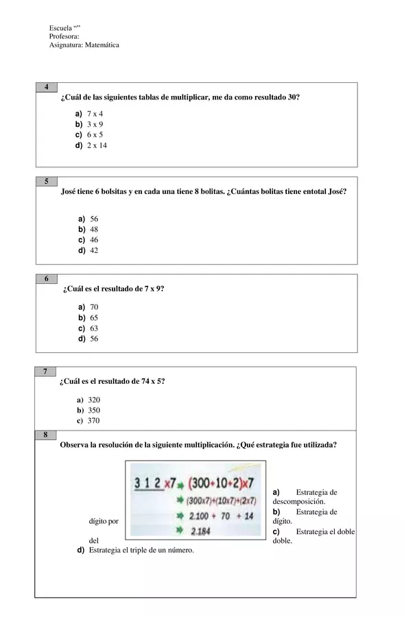 Prueba de multiplicaciones (cuarto básico)