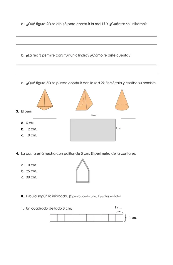 Evaluación matemática “Relación entre figuras 3D y 2D - Perímetro”