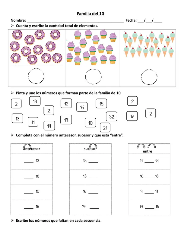 Guía ejercitación números de la familia del 10