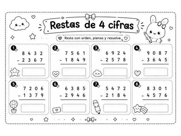 Restas de 4 Cifras | Pack de Matemática | 4 Fichas Imprimibles