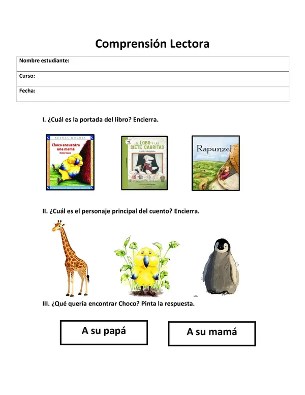 Comprensión lectora. Choco encuentra una mamá