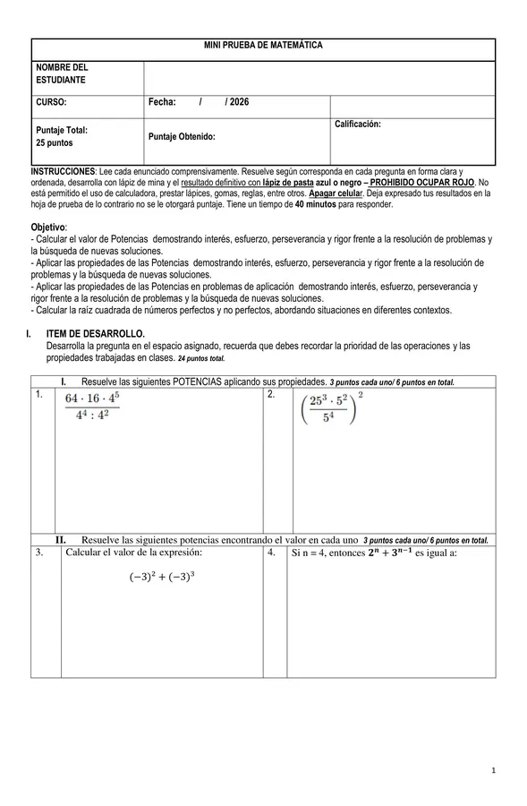 MINI PRUEBA -  PROPIEDADES DE POTENCIAS Y RAICES CUADRADAS