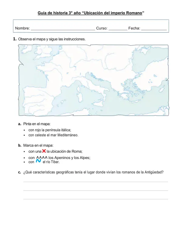 Guía de historia 3°año "Ubicación de Roma, conceptos básicos"