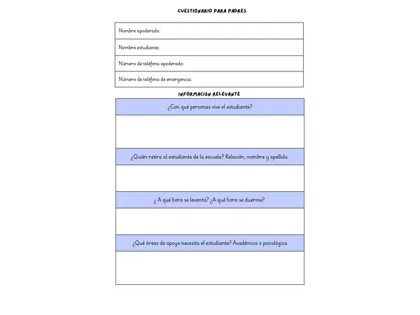 📝 Ficha de Caracterización y Cuestionario para Padres (Reunión de Apoderados)