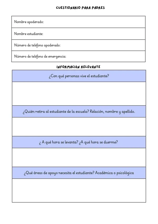 📝 Ficha de Caracterización y Cuestionario para Padres (Reunión de Apoderados)
