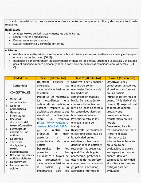 Planificación Clase a Clase Noviembre - Lengua y Literatura - Primero Medio