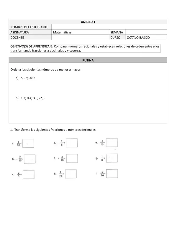 Números racionales: Comparación de números racionales y transformación de fracción a decimal