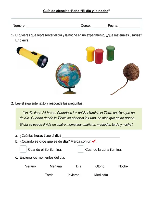 Guía de ciencias 1° año "El día y la noche"
