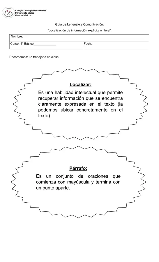 Guía comprensión lectura "localizar"