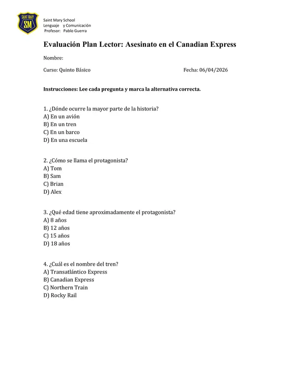 evaluación plan lector  Asesinato en el Canadian Express Libro de Eric Wilson con respuestas