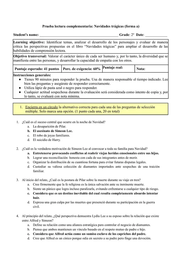 Prueba plan lector: Navidades trágicas con respuestas