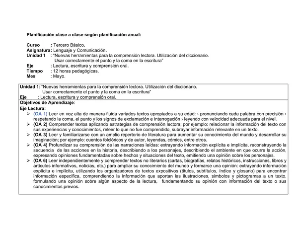 Planificación Clase a Clase: Mayo | Lenguaje y Comunicación Tercero Básico