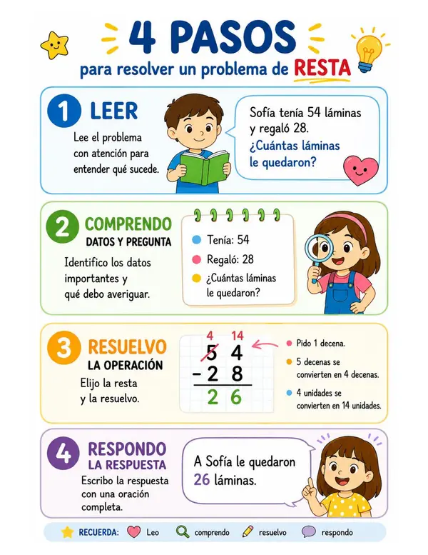 4 pasos para resolver un problema de sustracción