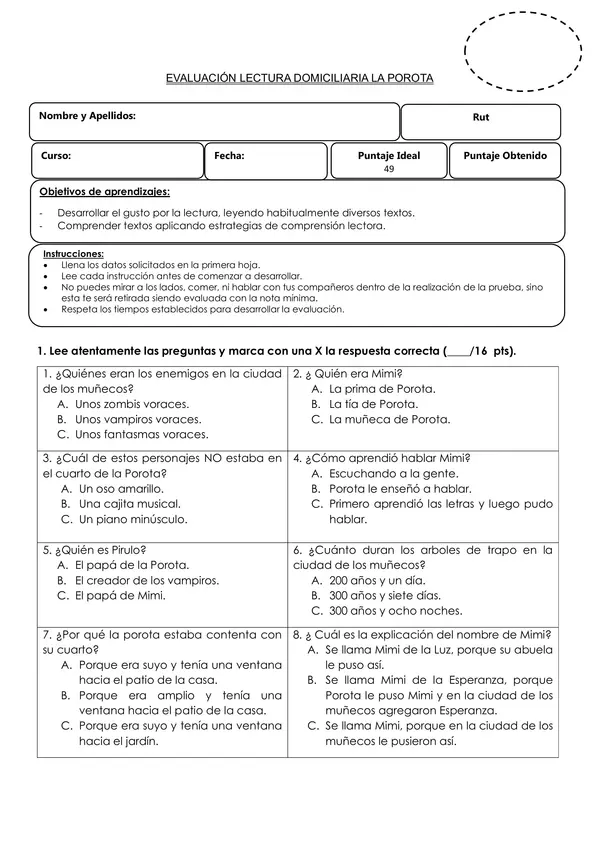 EVALUACIÓN LECTURA: "LA POROTA"