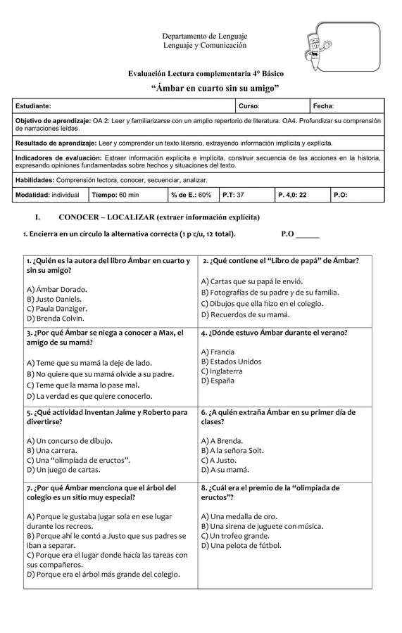 Prueba lectura complementaria "Ámbar en cuarto y sin su amigo"