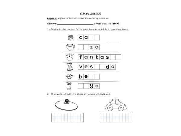 Guía de refuerzo escritura y lectura de palabras.