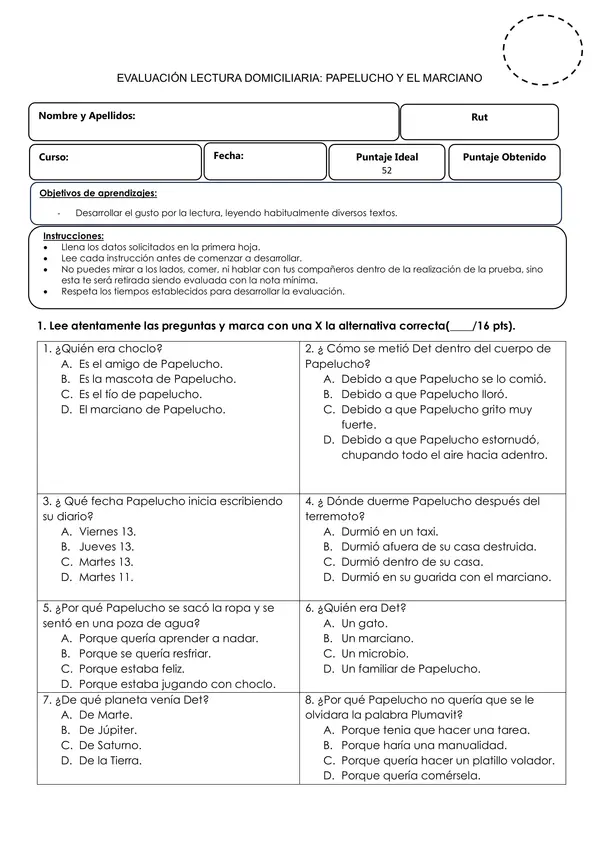 Prueba Papelucho y el marciano