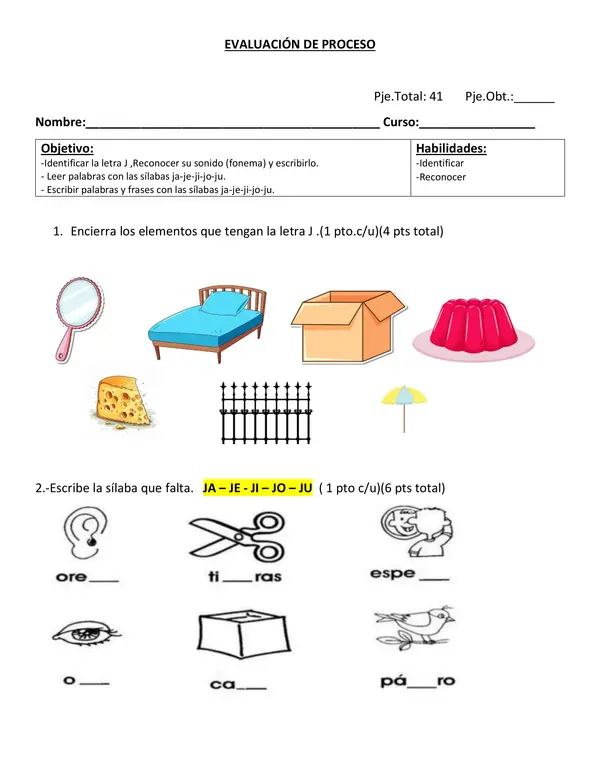 EVALUACIÓN  LETRA J 