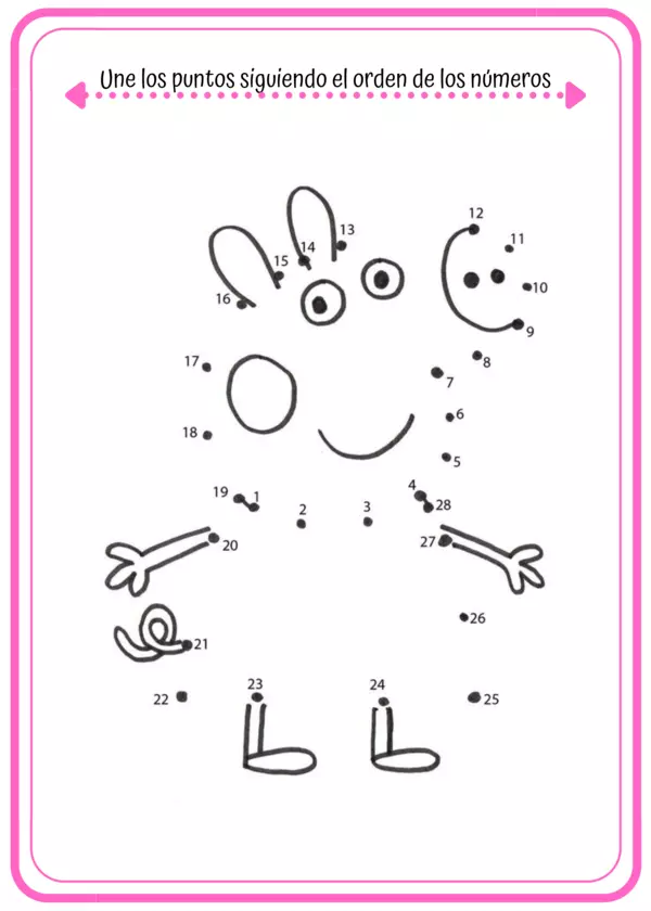 Unir los puntos siguiendo el orden de los números: Juego infantil de destreza manual. (Peppa Pig)