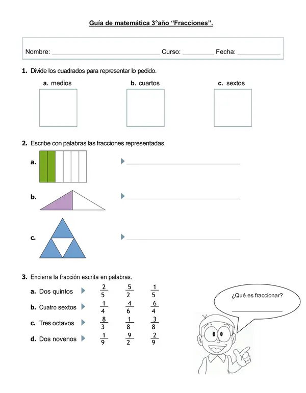 Guía de matemática 3°año "Fracciones".
