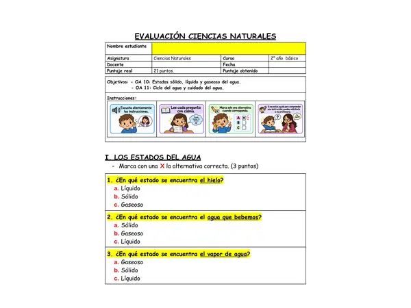 Evaluación Diversificada de Ciencias Naturales 2° Básico | Estados y Ciclo del Agua