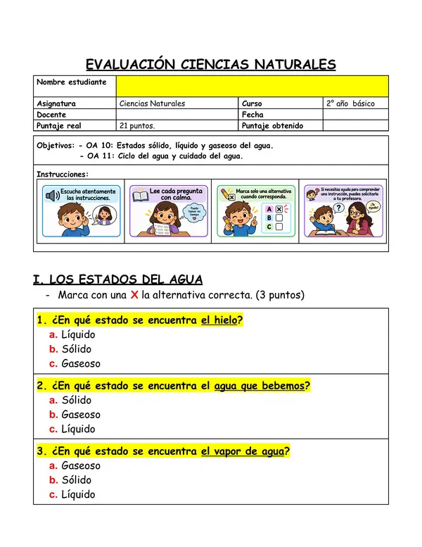 Evaluación Diversificada de Ciencias Naturales 2° Básico | Estados y Ciclo del Agua