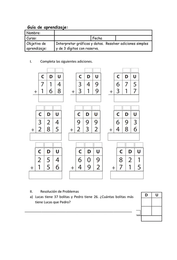 Adición de tres números 3° Básico y representación de datos
