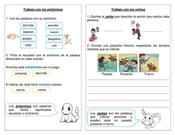 Guía síntesis "Antónimos y Verbos" segundo año básico.