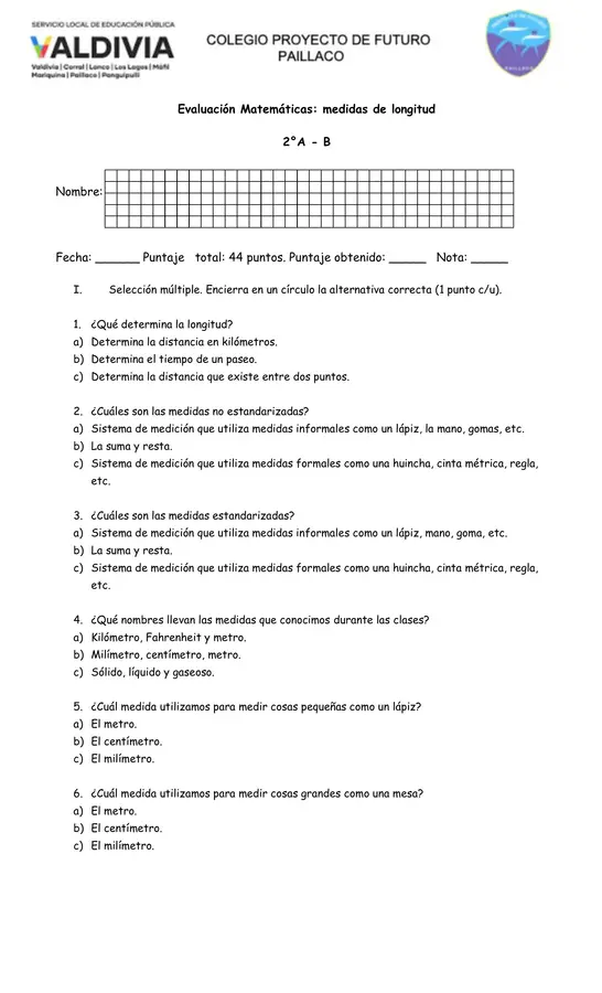 Evaluación matemática: medidas de longitud