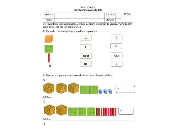 Evaluación matemáticas n° hasta 10.0000