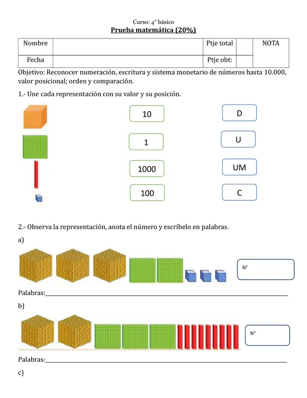 Evaluación matemáticas n° hasta 10.0000