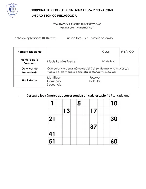 evaluación ámbito numérico 0-60