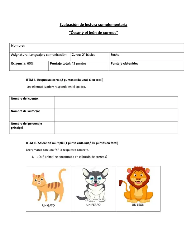 Evaluación de lectura: "Óscar y el león de Correos" de Vicente Muñoz