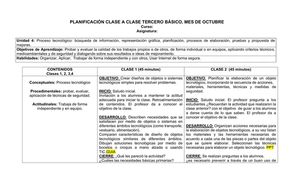 Planificación Clase a Clase: Octubre | Tecnología Tercero Básico