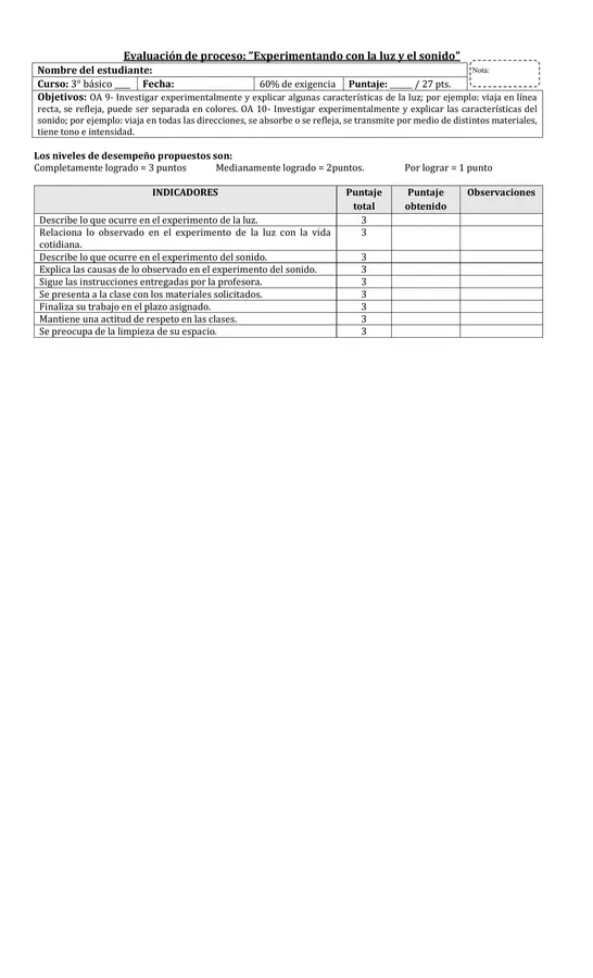 Evaluación experimental 3° básico ciencias: luz y sonido