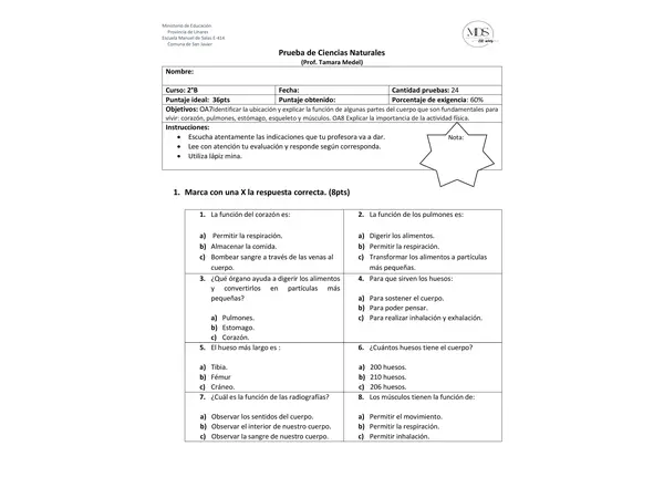 Prueba ciencias 2° Básico, órganos. huesos y músculos