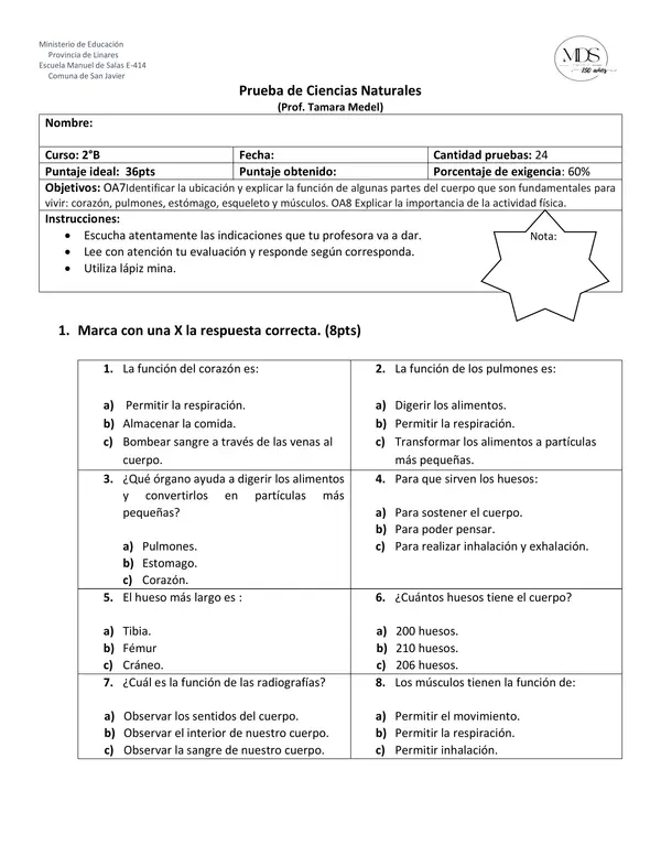 Prueba ciencias 2° Básico, órganos. huesos y músculos