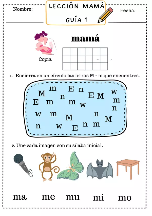 Guía lección Mamá, letra "m", método matte. 