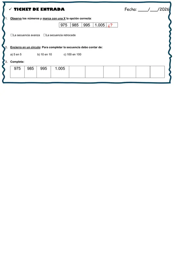 Ticket Matemática Secuencia numérica y conteo