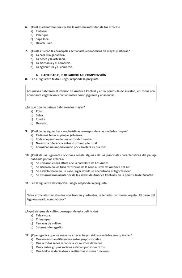 Evaluación | Mayas y Aztecas | Cuarto Básico 