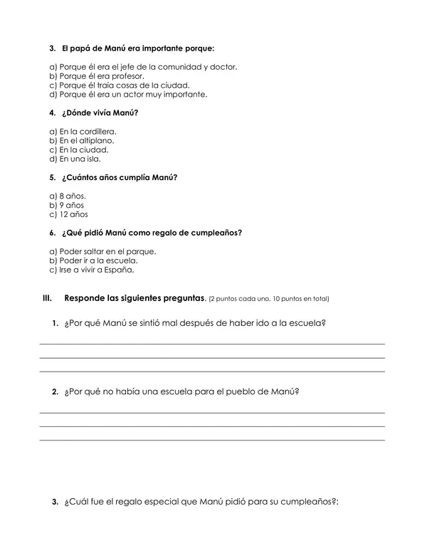 Evaluación lectura “La historia de Manú”