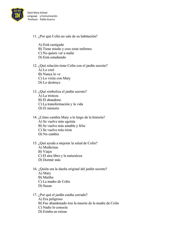 control de lectura "el jardín seceto" Frances Hodgson Burnett