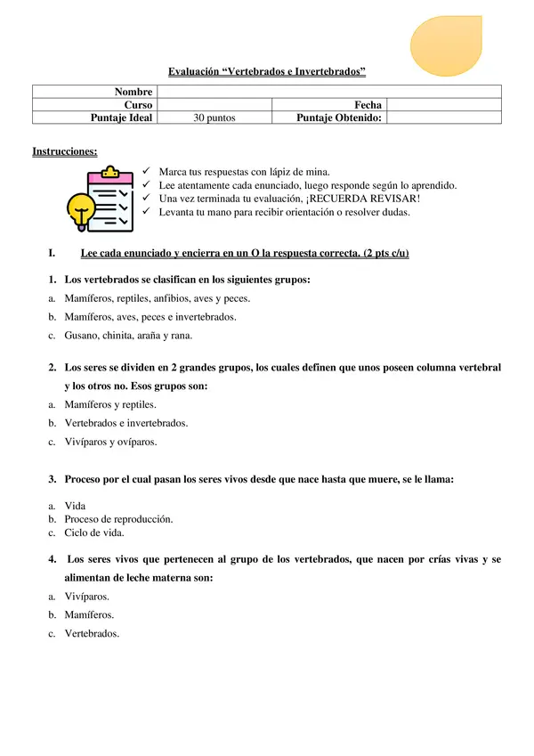 Evaluación Animales vertebrados e Invertebrados