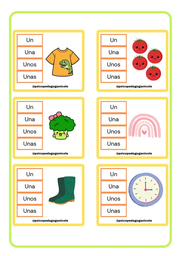 Tarjetas con Artículos Indefinidos