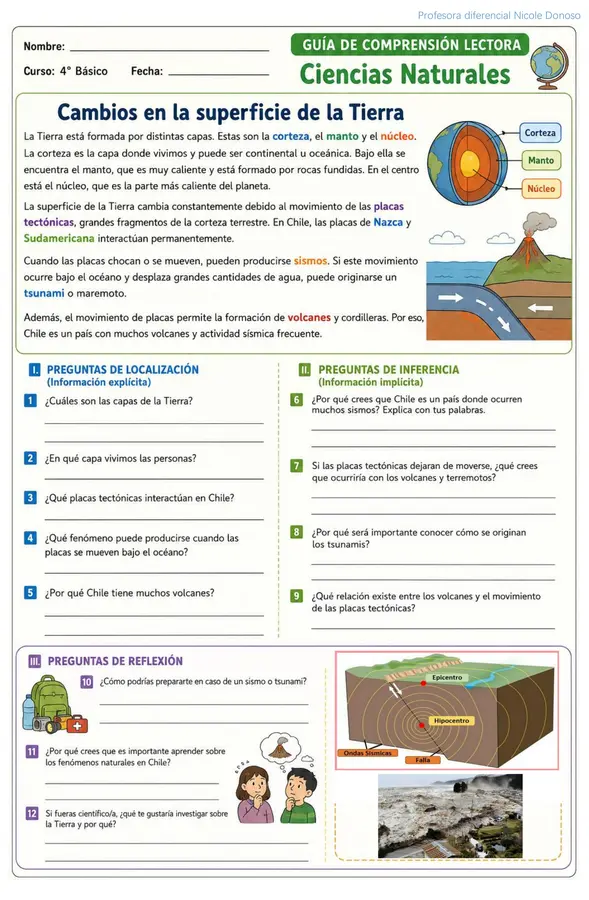 guía ciencias 4° básico - cambios en la superficie de la tierra, placas tectónicas, volcanes, etc